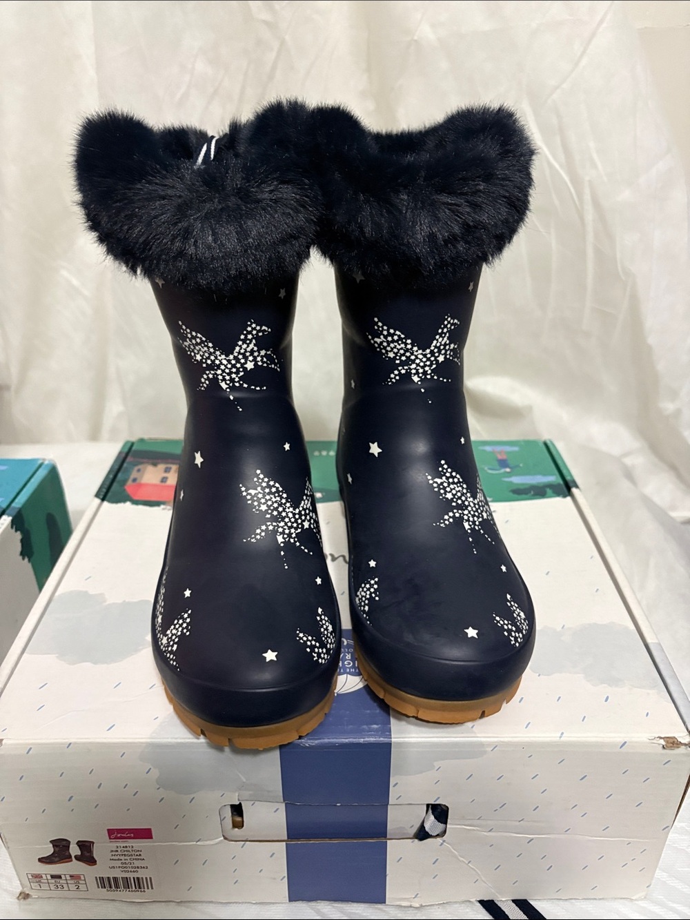 Joules Kids Fur-Trim Rain Boots Size US 2 NWT